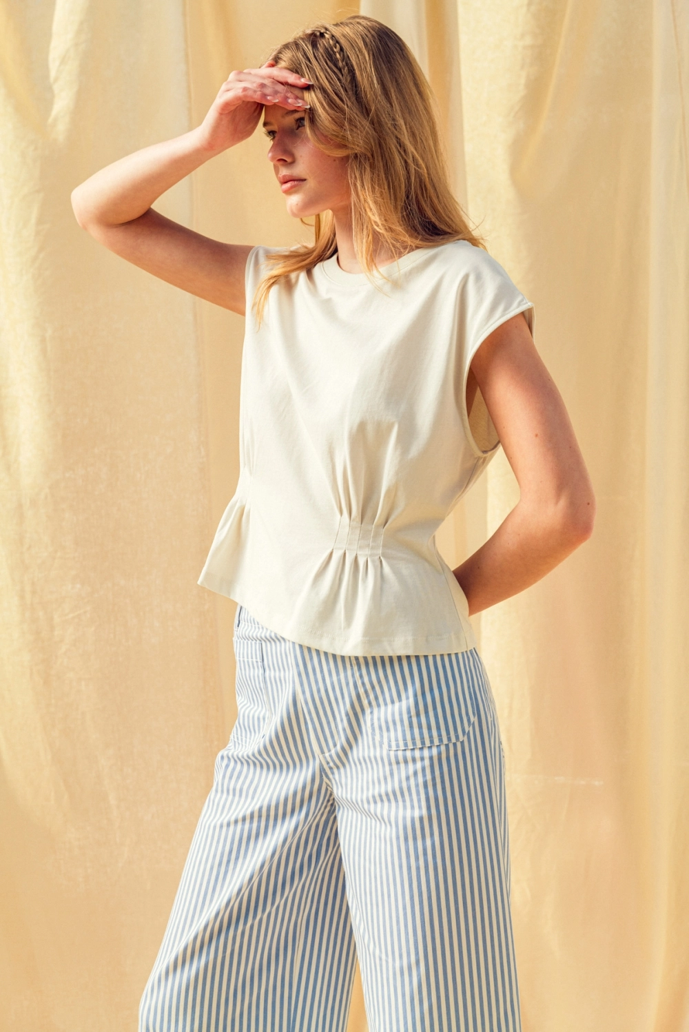Round Neck Waist Detailed Cap Sleeve Top - White
