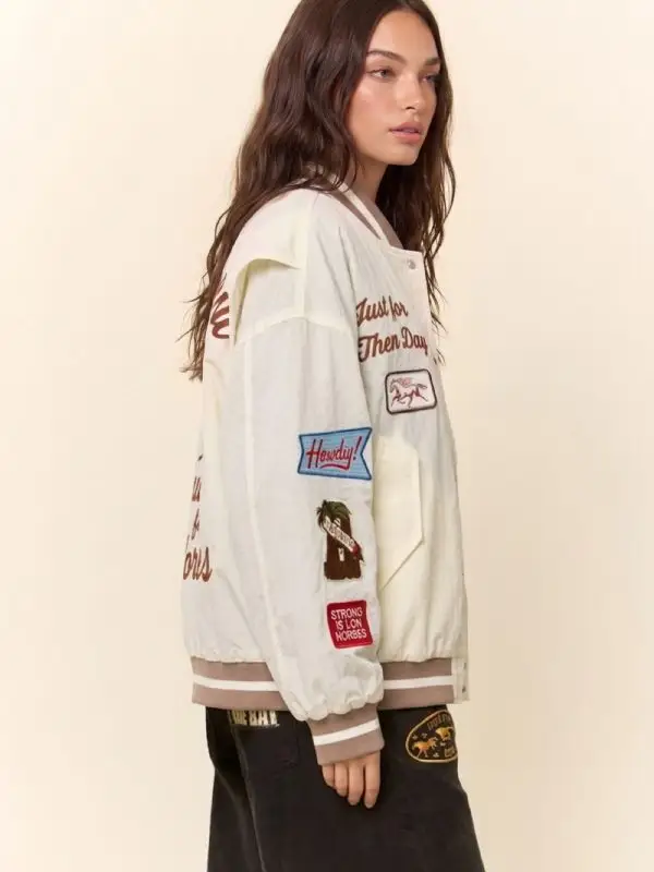 Western Varsity Patch Bomber Jacket - CREAM