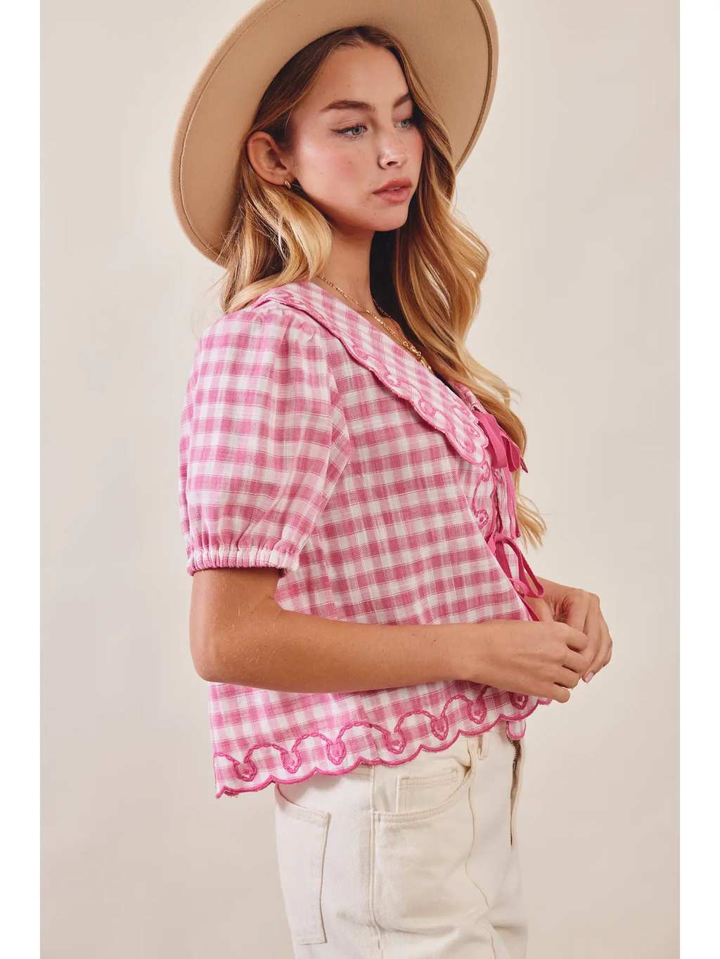 Gingham Embroidered Tie-Front Blouse - PUNCH