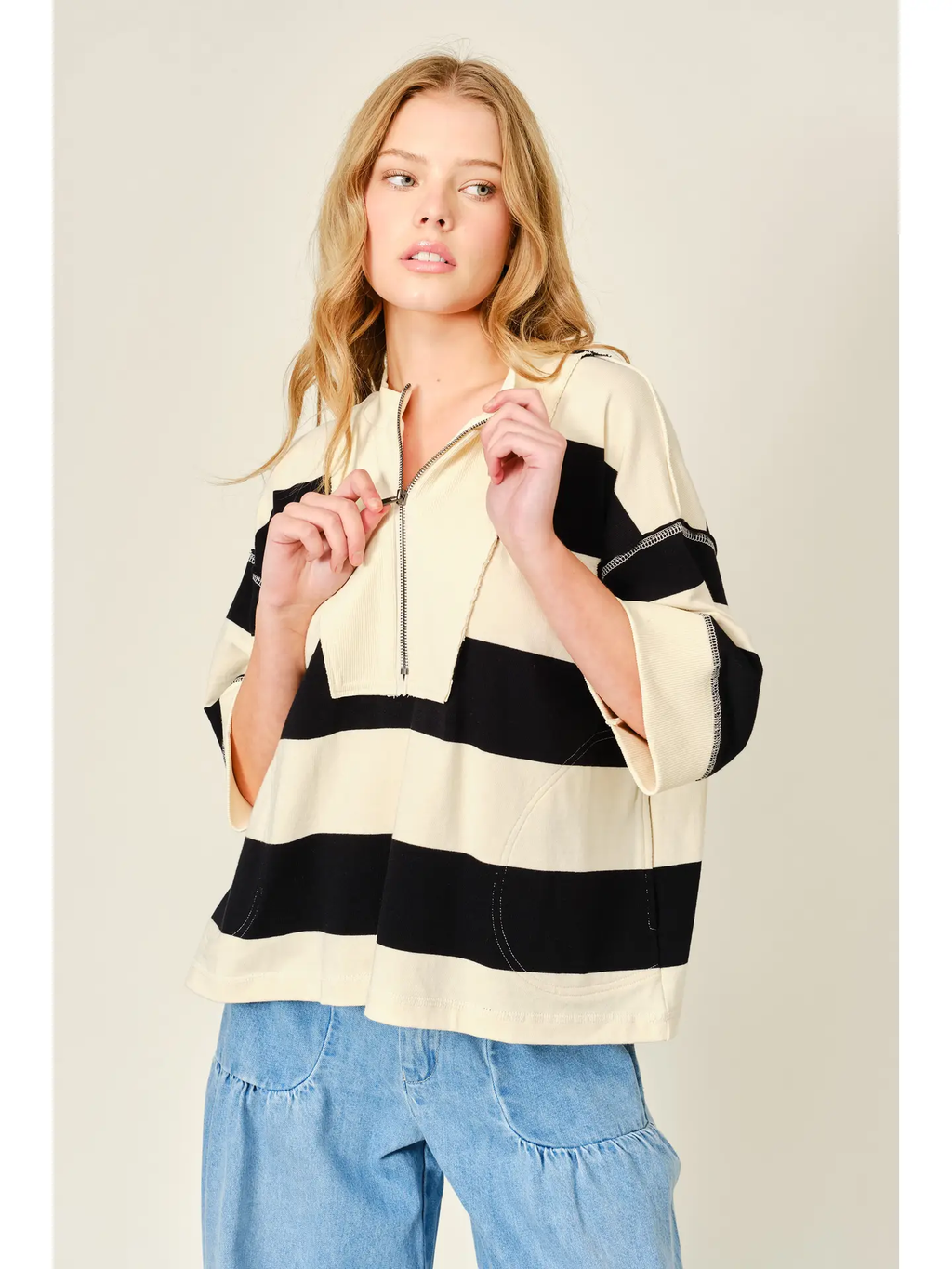 Pullover Oversized Comfy Striped Sweatshirts Top - BLACK & CREAM