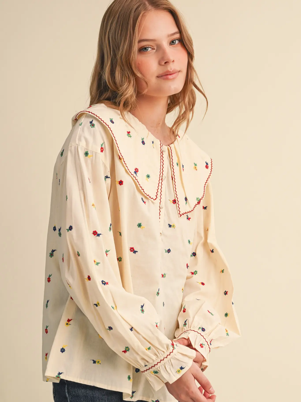 Embroidered Floral Oversized Collar Button Down Top