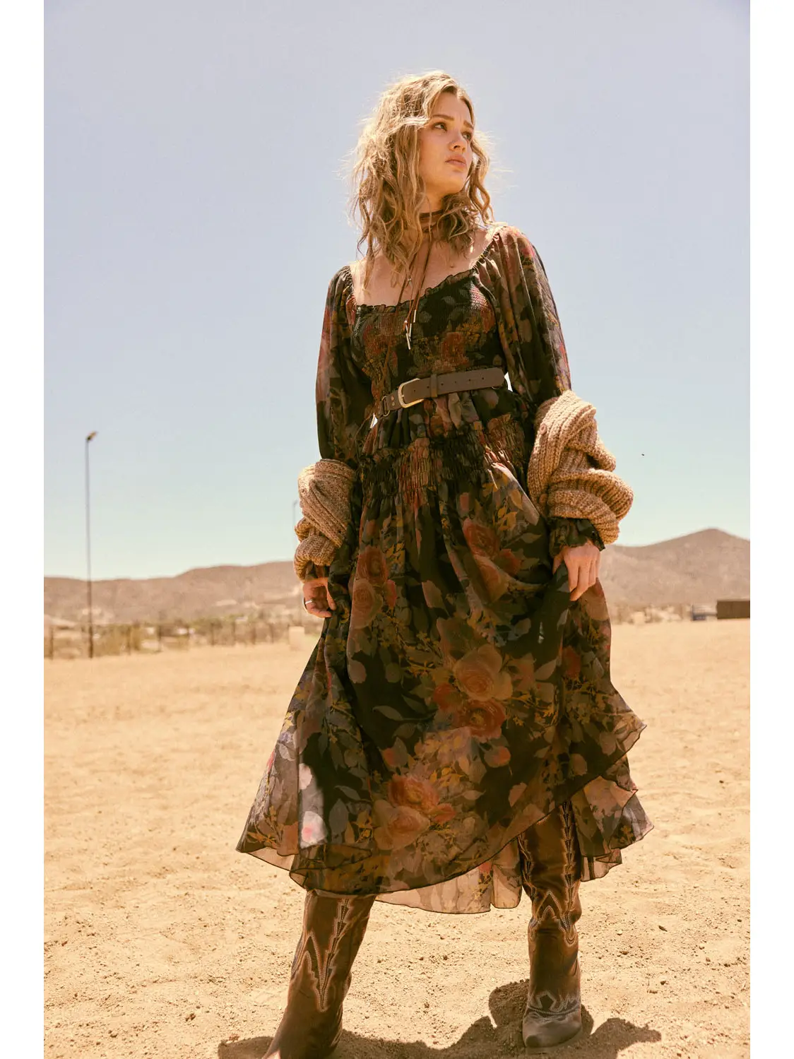 Floral-Print Smocked Bubble Sleeve Maxi Dress