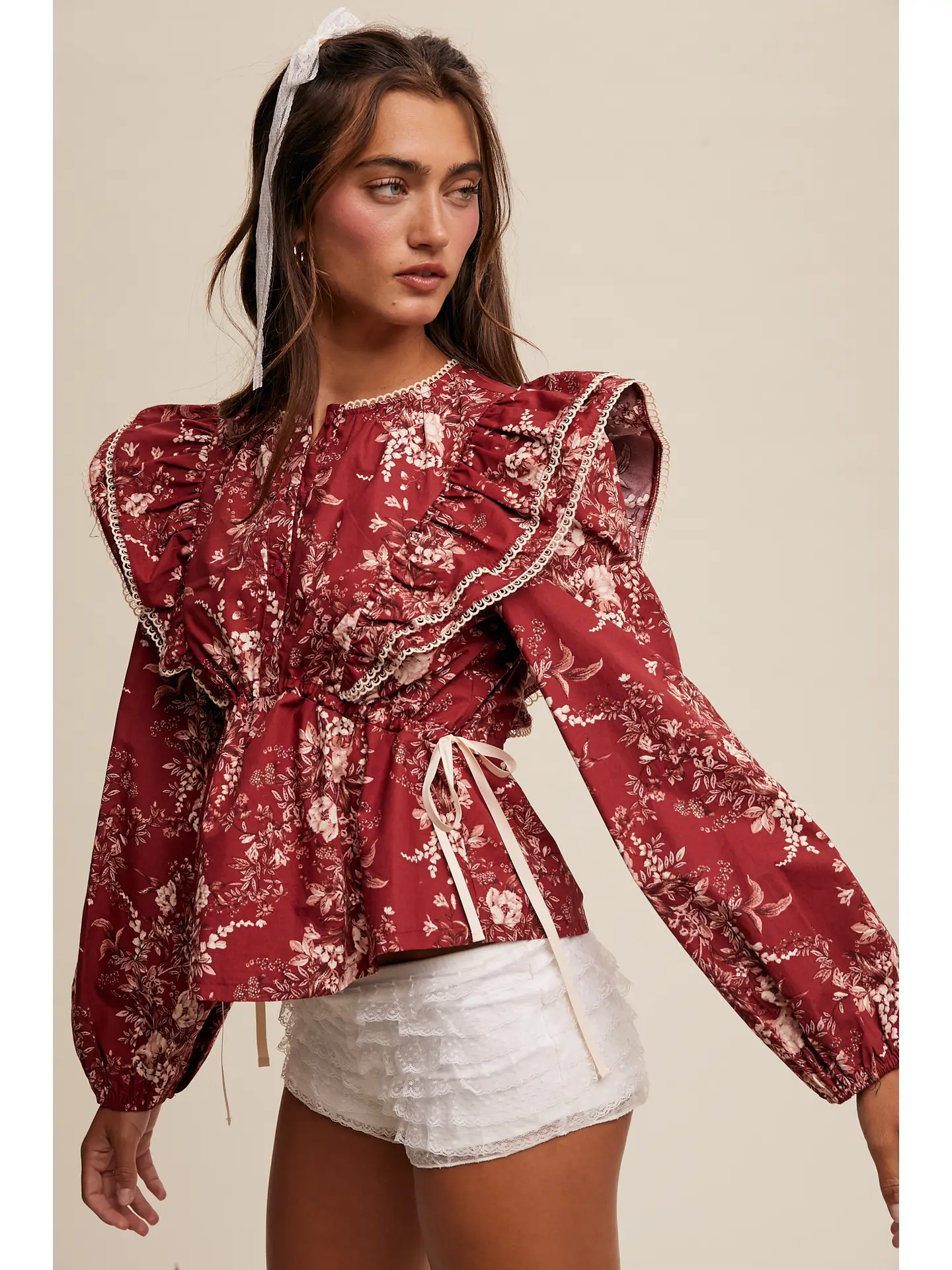 Victorian Floral Ruffle Blouse - CRIMSON