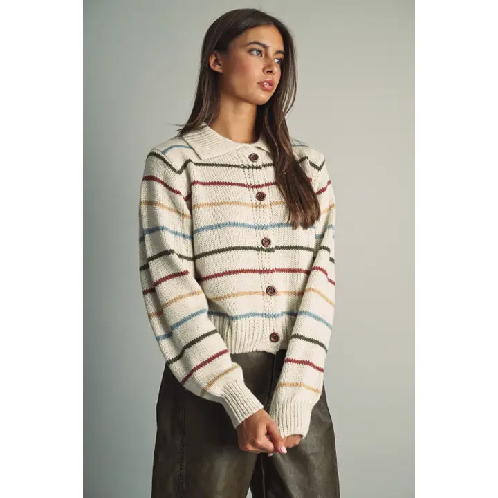 Striped Knit Cardigan with Cord-Textured Collar