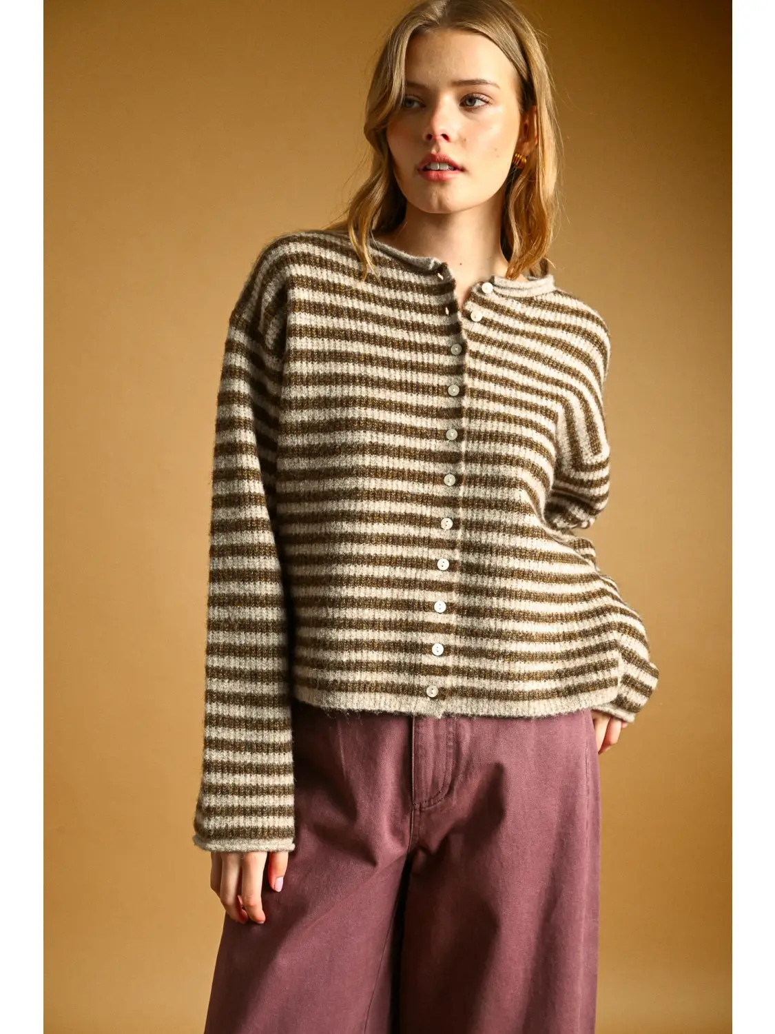 Striped Button Front Sweater Cardigan - Mocha Oat