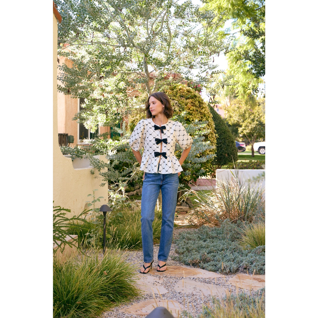 Bow Print Textured Tie Front Peplum Top Cream/Black