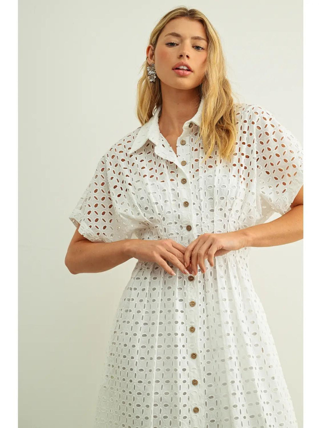 Eyelet Fabric Button Front Shirt Dress
