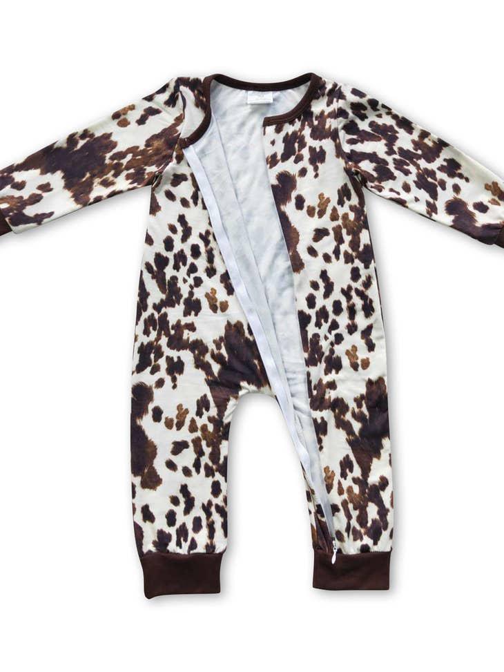 COW PRINT BABY LONG SLEEVE ZIP ROMPER