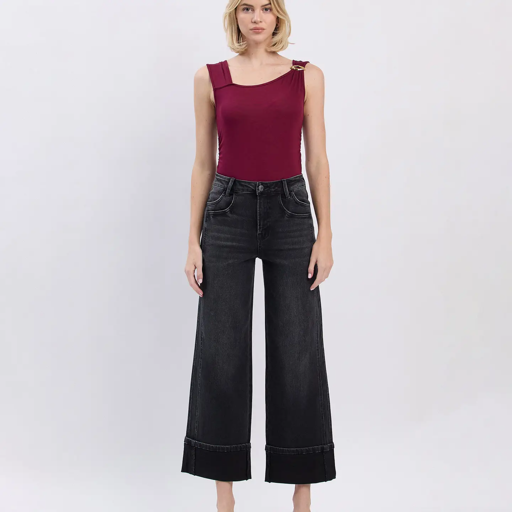 Super High Rise Cuffed Baggy Wide Jeans - Black