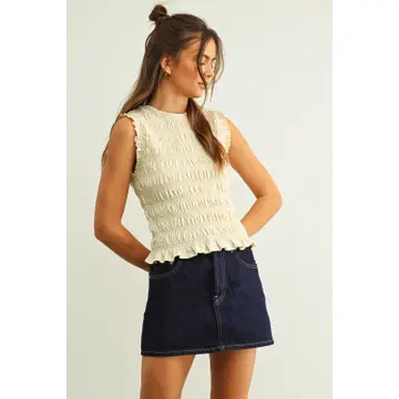 Sleeveless with All Over Smocking Top - Cream