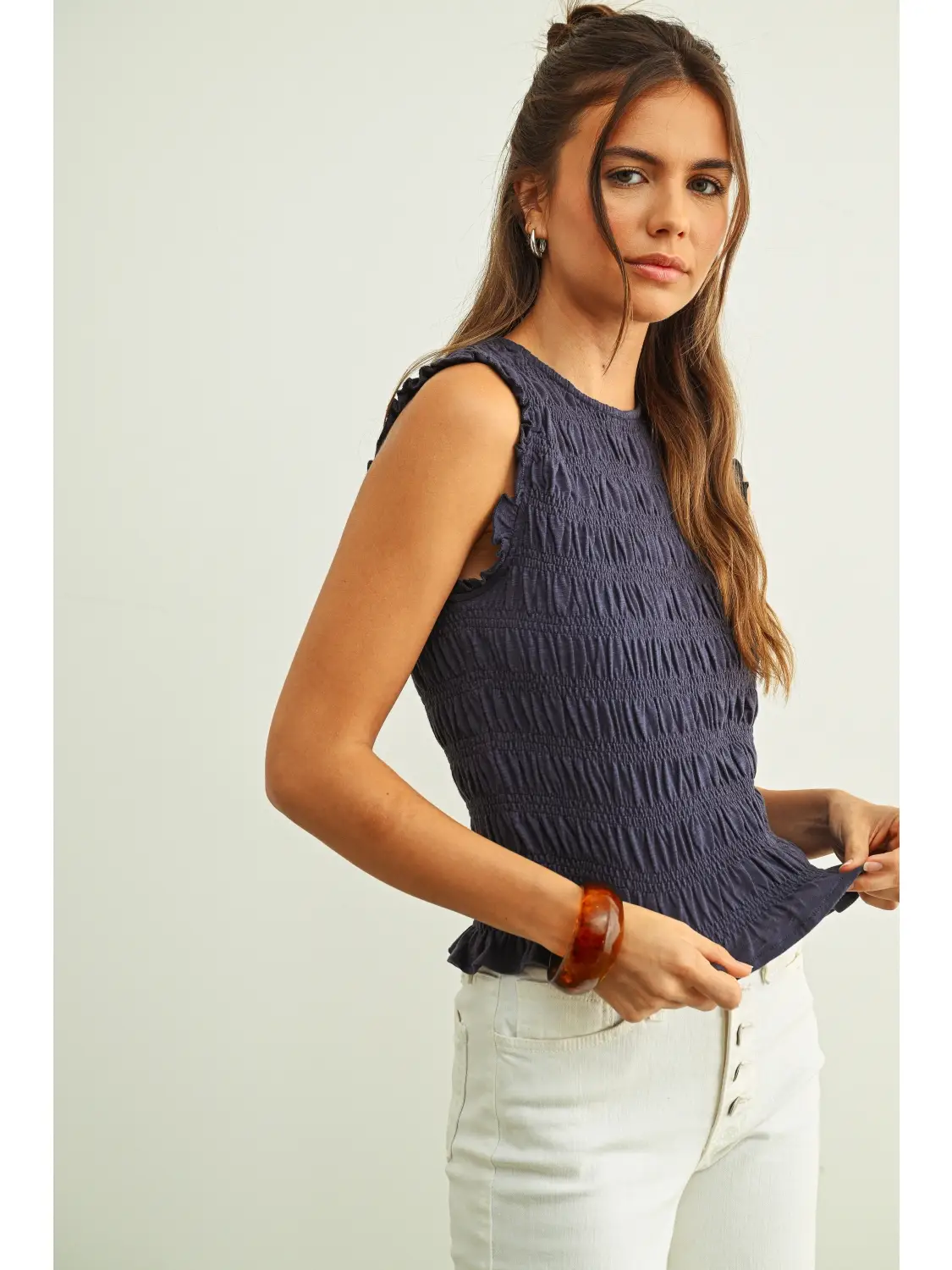 Sleeveless with All Over Smocking Top - NAVY