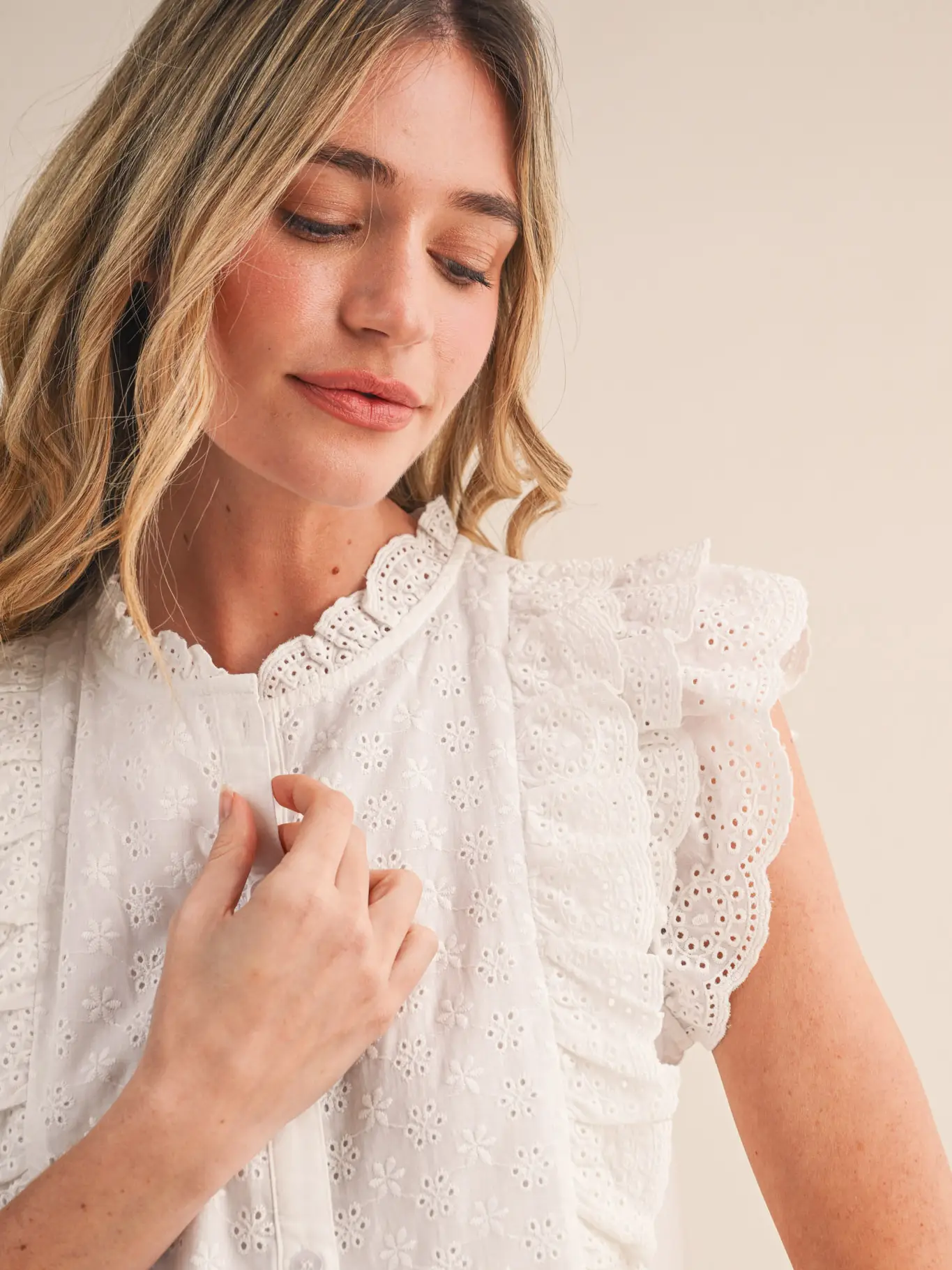 Eyelet Button Down Peplum Top - OFF WHITE