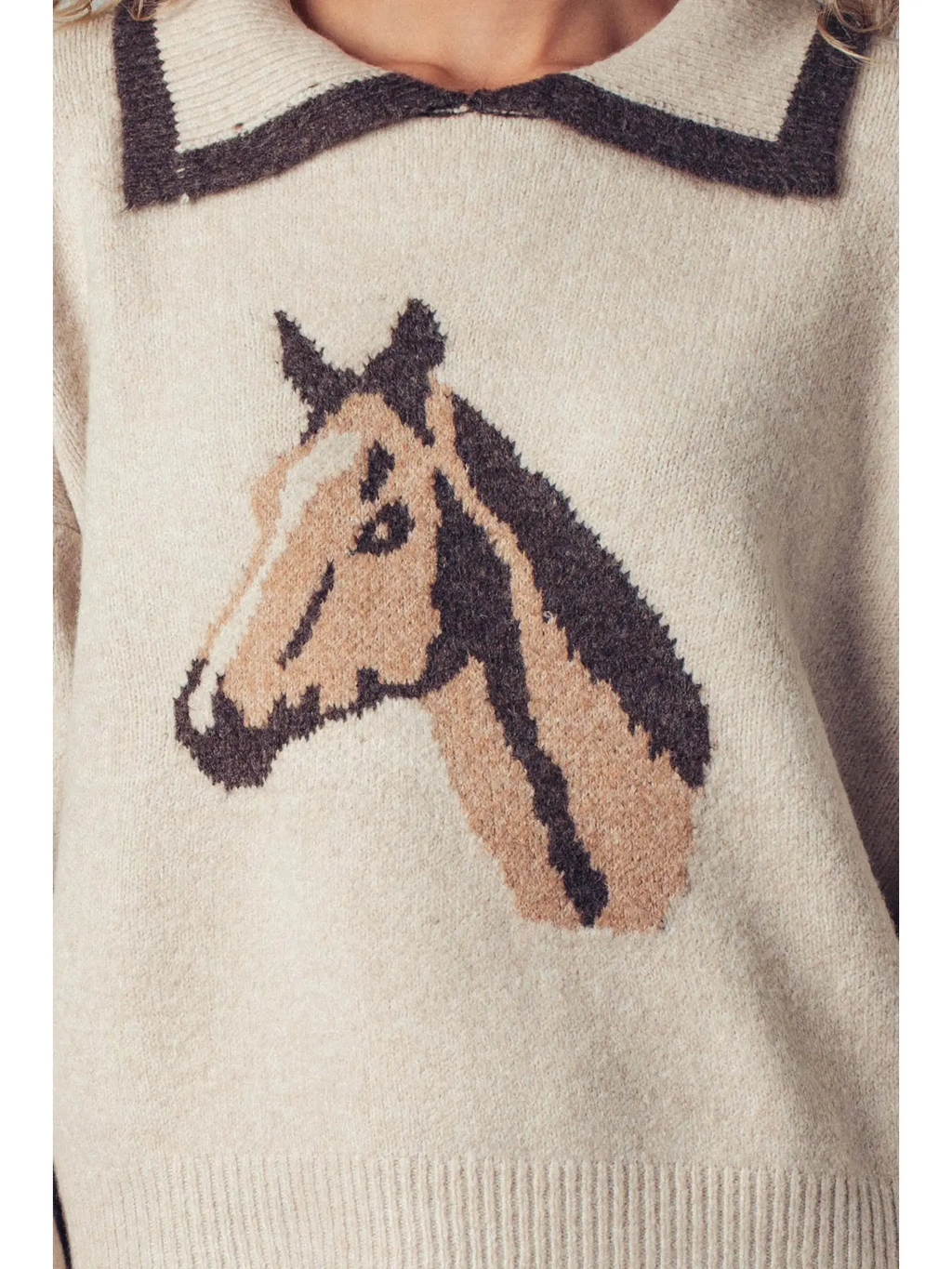 Horse Motif Knit Sweater - TAUPE