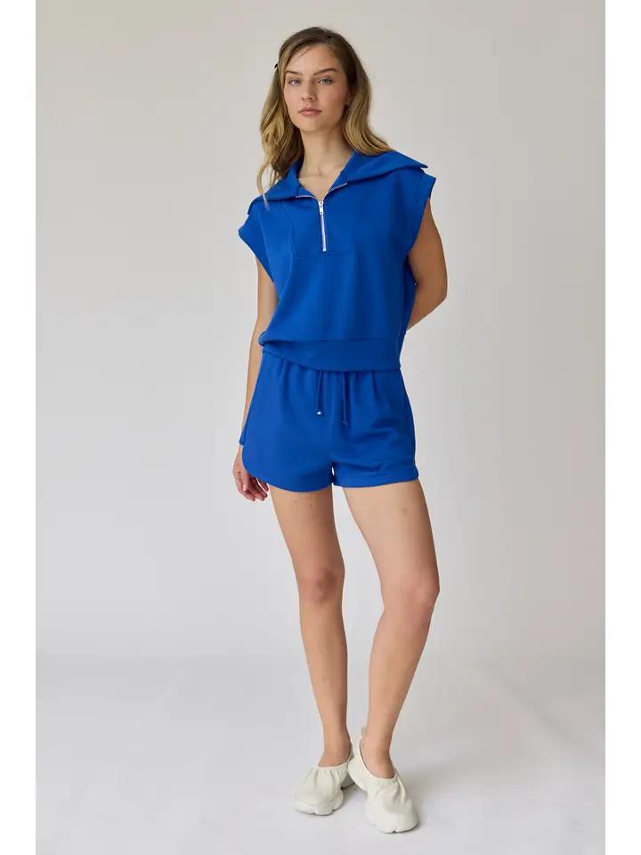 Half Zip Cropped Sweatshirt and Shorts Set - Cobalt Blue