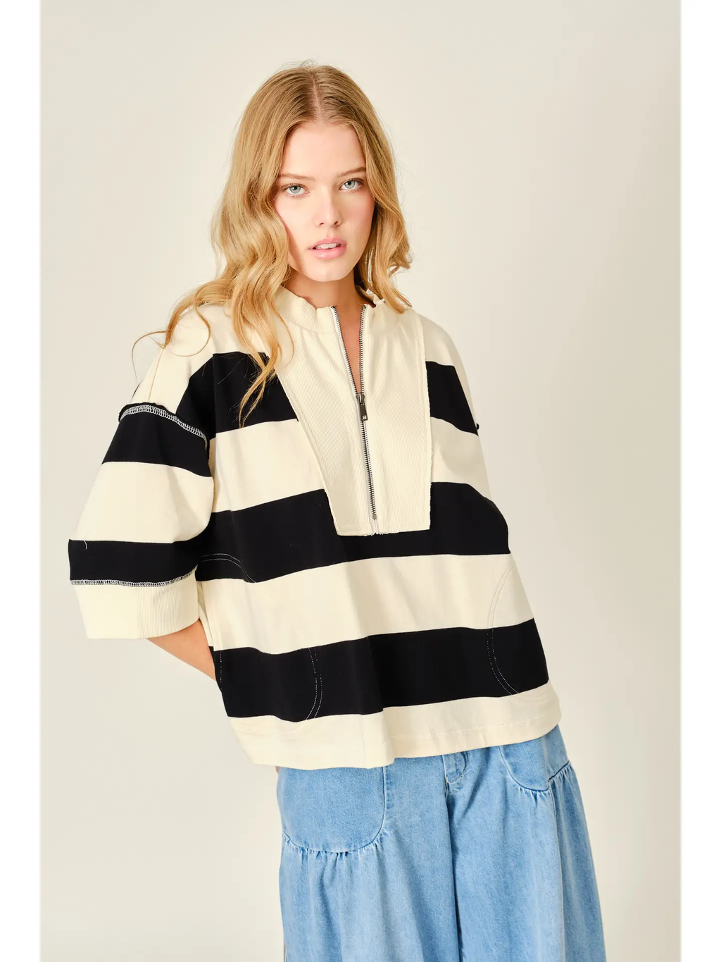 Pullover Oversized Comfy Striped Sweatshirts Top - BLACK & CREAM