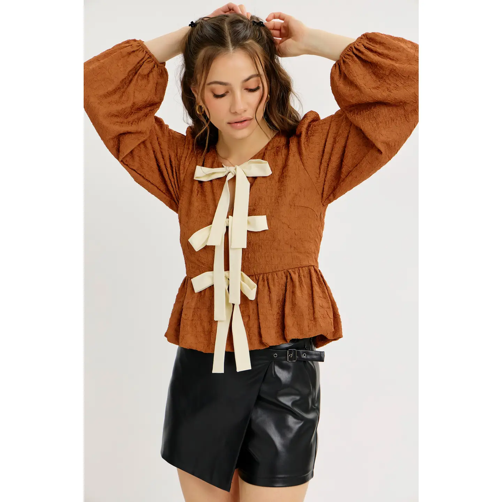 CARAMEL Textured Bubble Hem Blouse Top with Bow Front Top