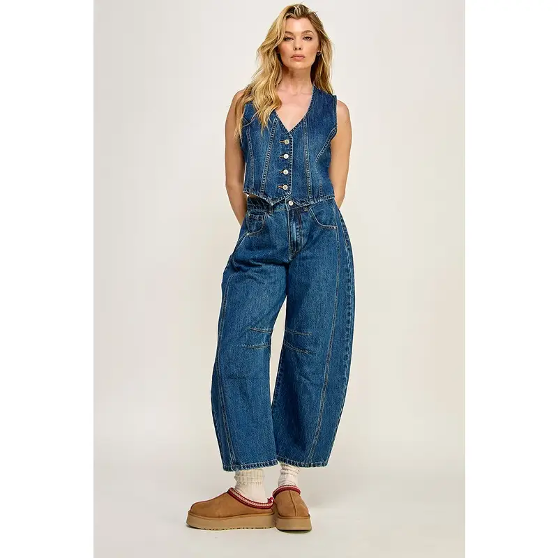 Mid Rise Fancy Dark Wash Barrel Jeans