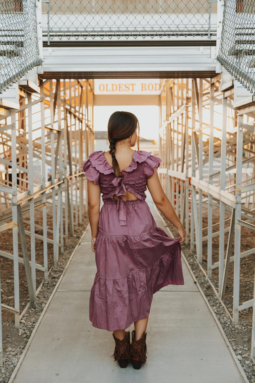 Cotton Poplin Ruffle Slv Smocked Bodice Midi Dress - Grape Nectar