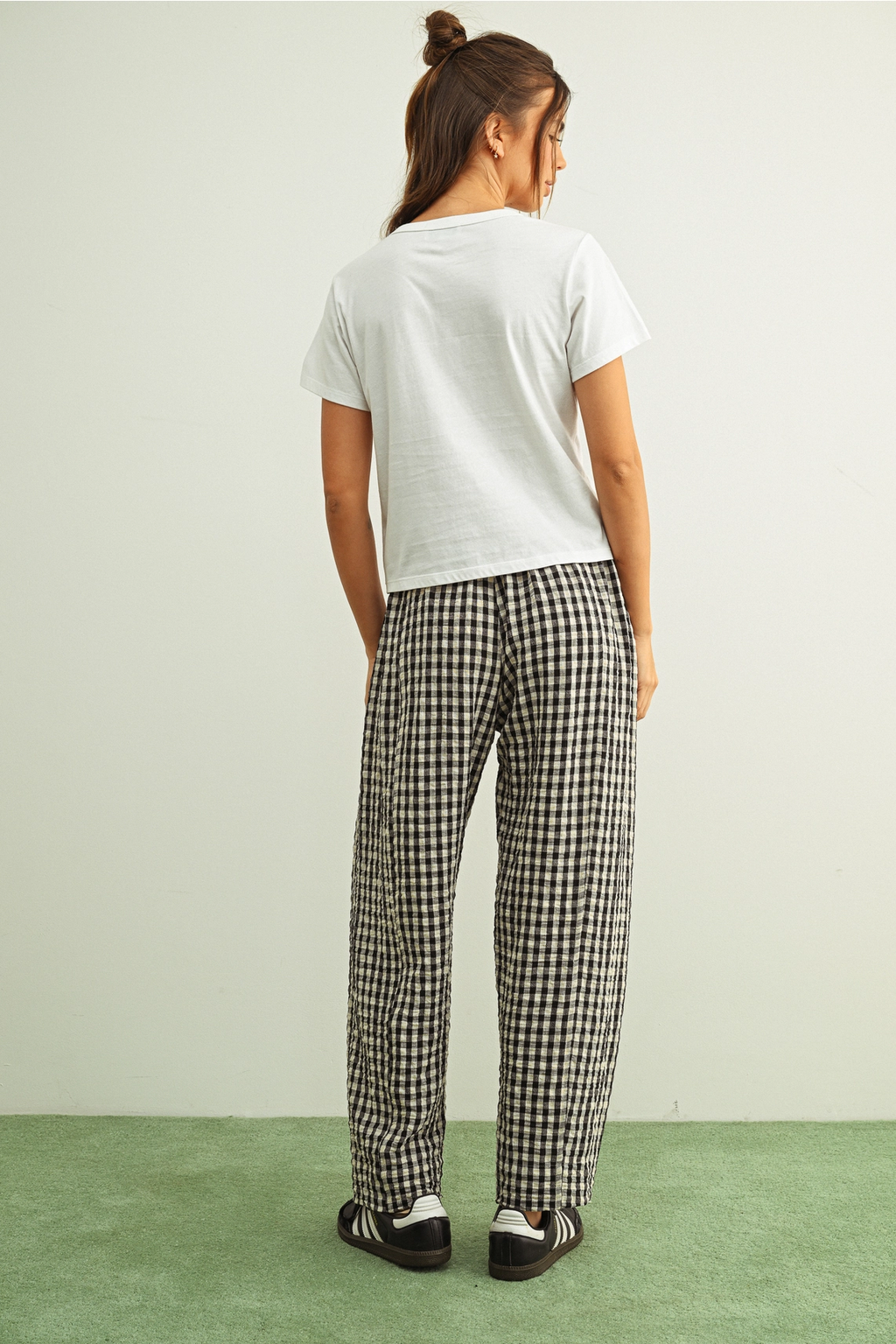 Gingham Pattern Elastic Band Waist Pants - BLACK & WHITE