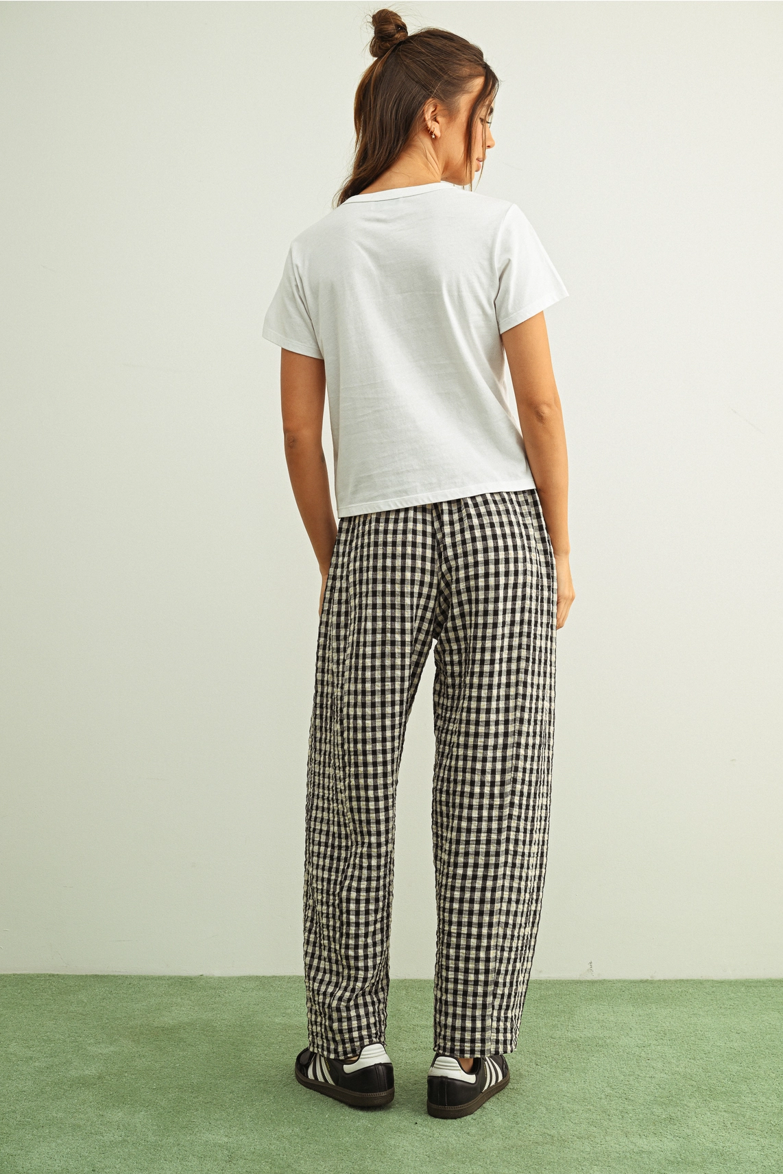 Gingham Pattern Elastic Band Waist Pants - BLACK & WHITE