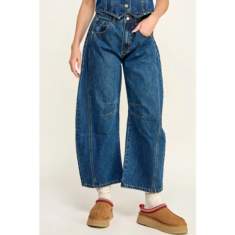 Mid Rise Fancy Dark Wash Barrel Jeans