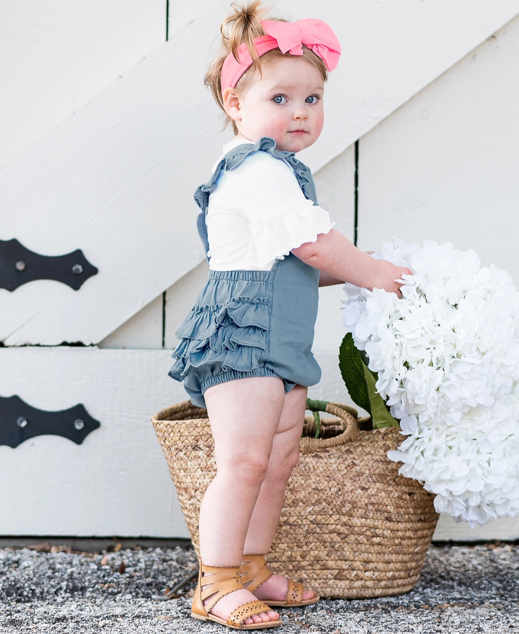 Baby Girls Light Wash Woven Flutter Overall Romper