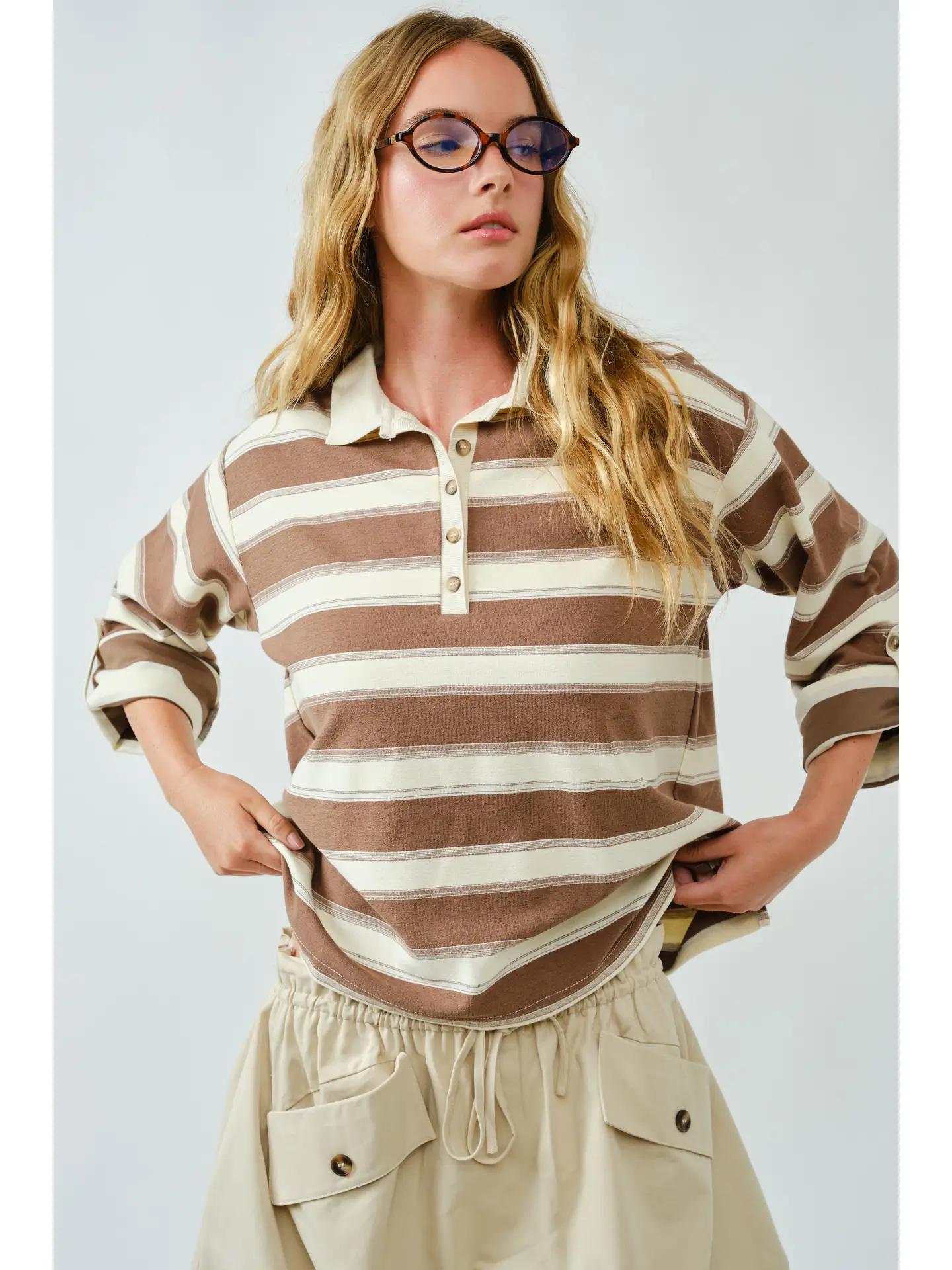 Stripe Polo T Shirt W/Sleeve Adjustable Tab - brown
