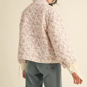 Floral Quilted Jacket with Ribbon Detail - IVORY PINK FLORAL