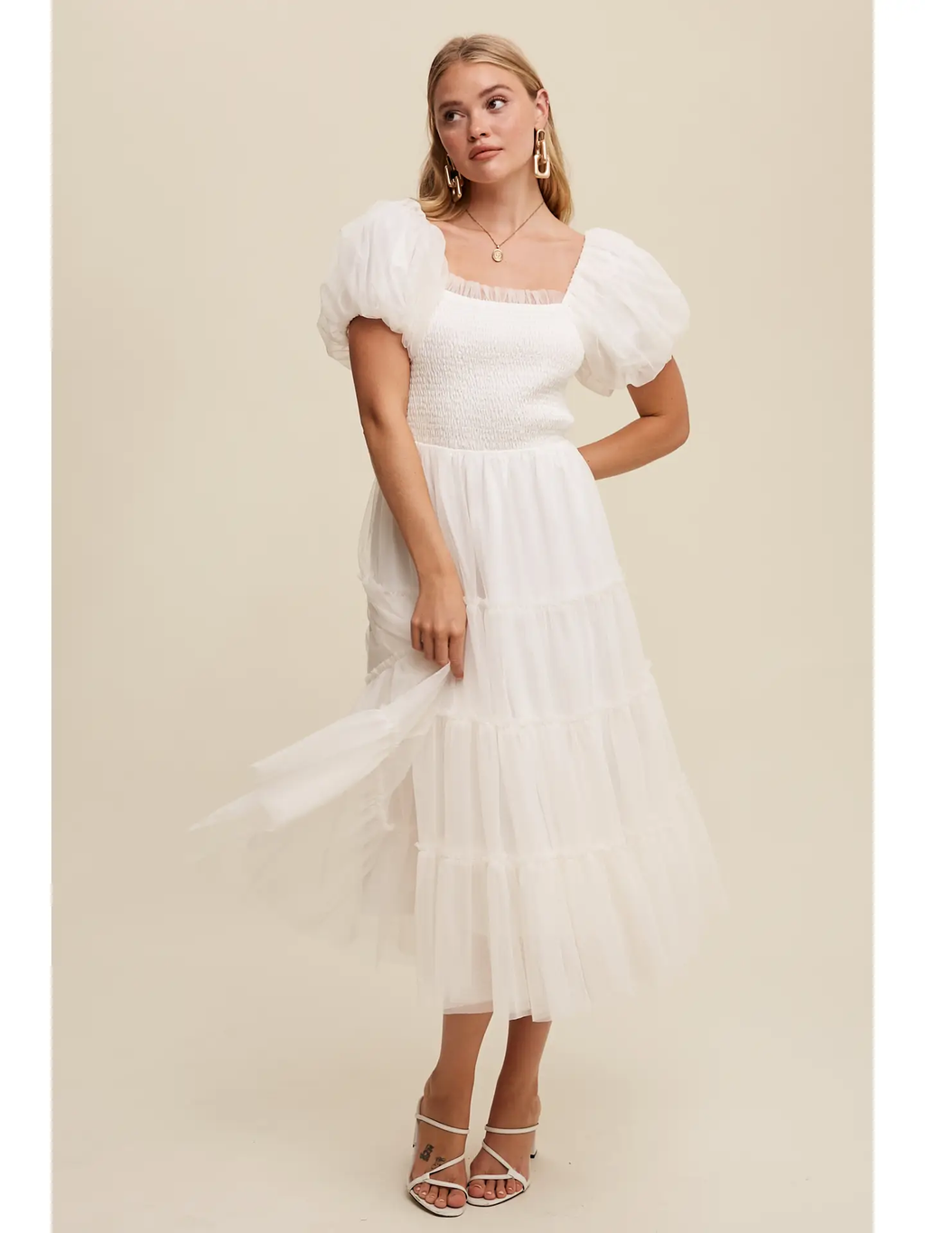 Tulle Smocked Puff Sleeve Midi Dress