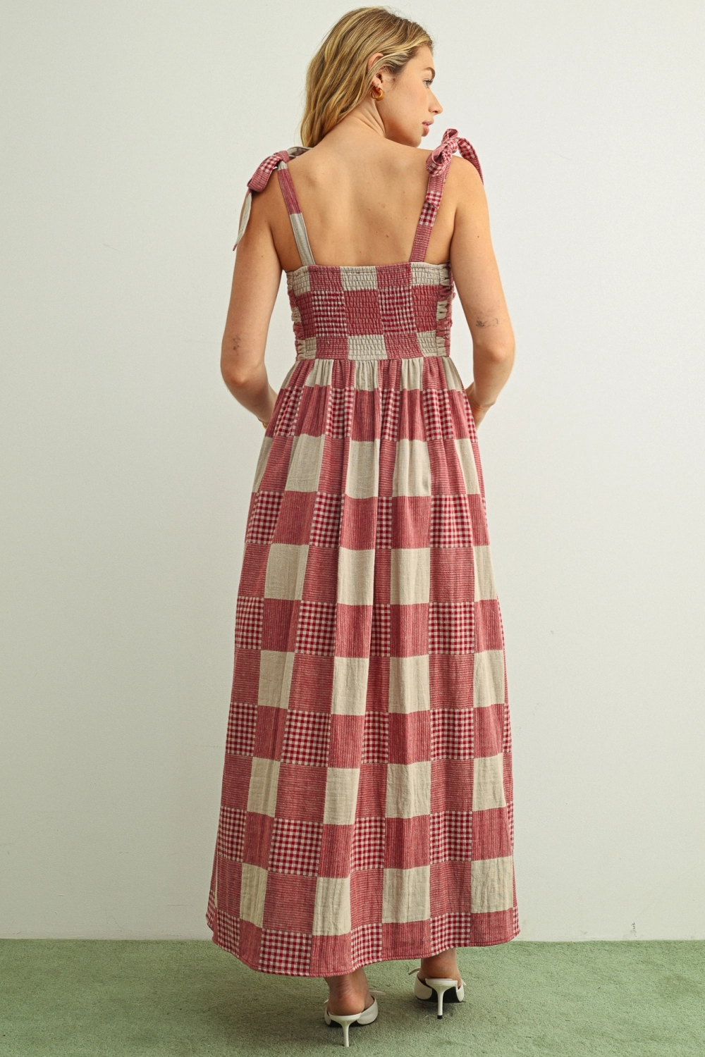 Gingham and Stripe Patch Effect Dress - Red
