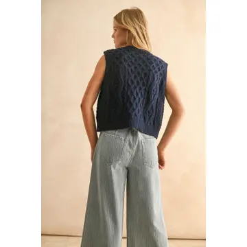 Tie Front Cable Knitted Vest - Navy