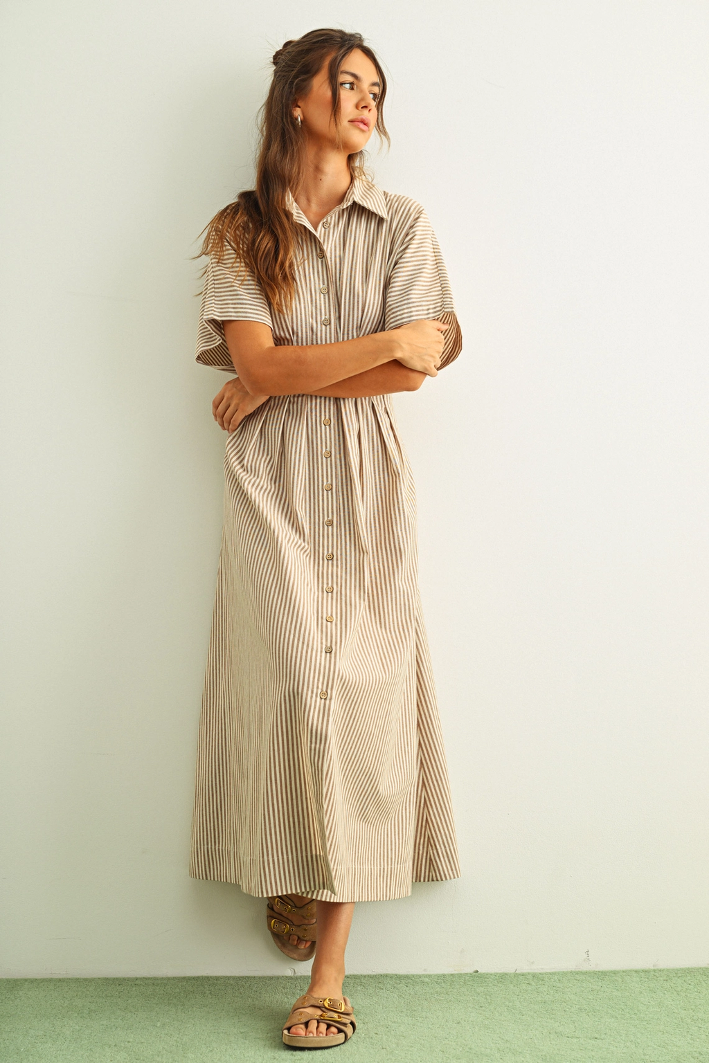 Striped Buttondown Shirt Dress - Brown Stripe