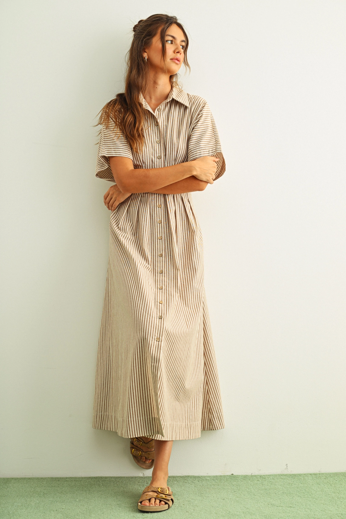 Striped Buttondown Shirt Dress - Brown Stripe