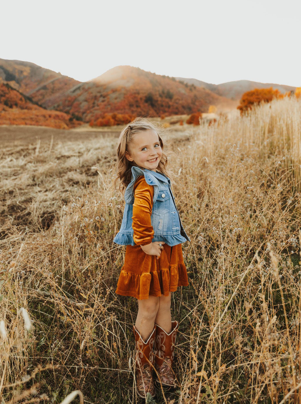 BROWN CORDUROY RUFFLE GIRL DRESS