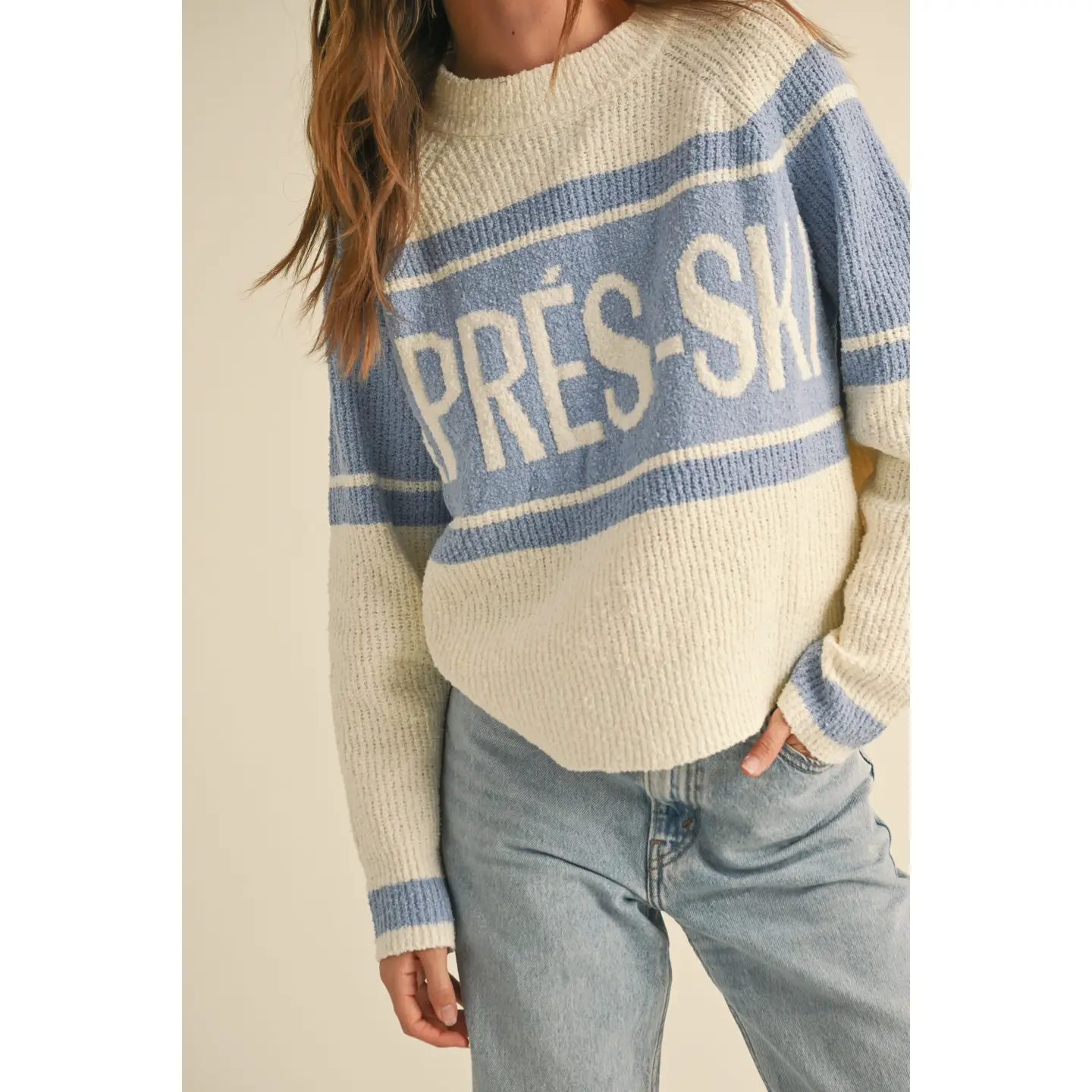Apres Ski Letter Front Sweater Top - Cream/Blue
