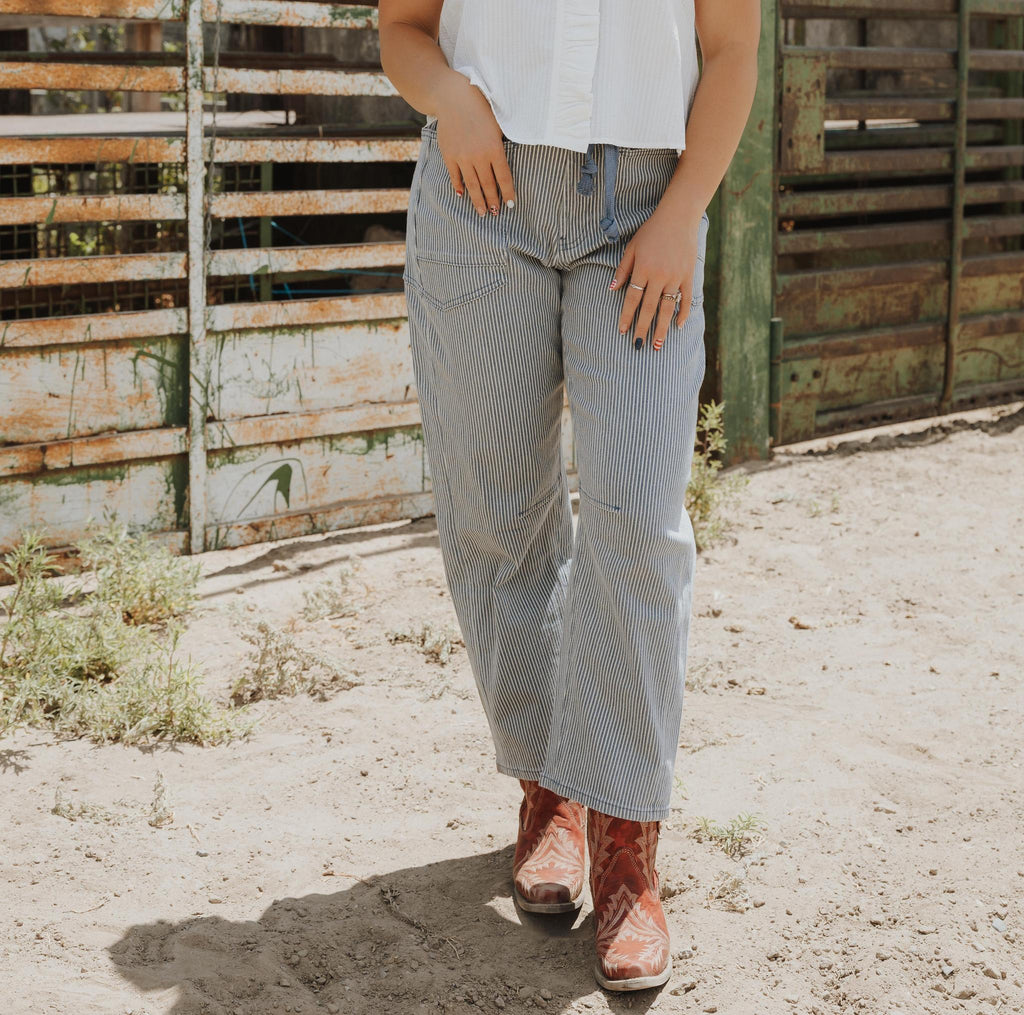 Striped Pattern Washed Barrel Pants with Belt - Blue