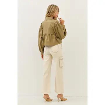 Soft Linen Smocked Babydoll Open Front Blouse with Bow - Lt. Olive