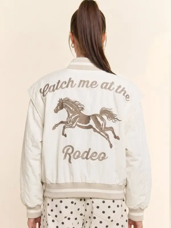 Retro Rodeo Embroidered Bomber Jacket - CREAM