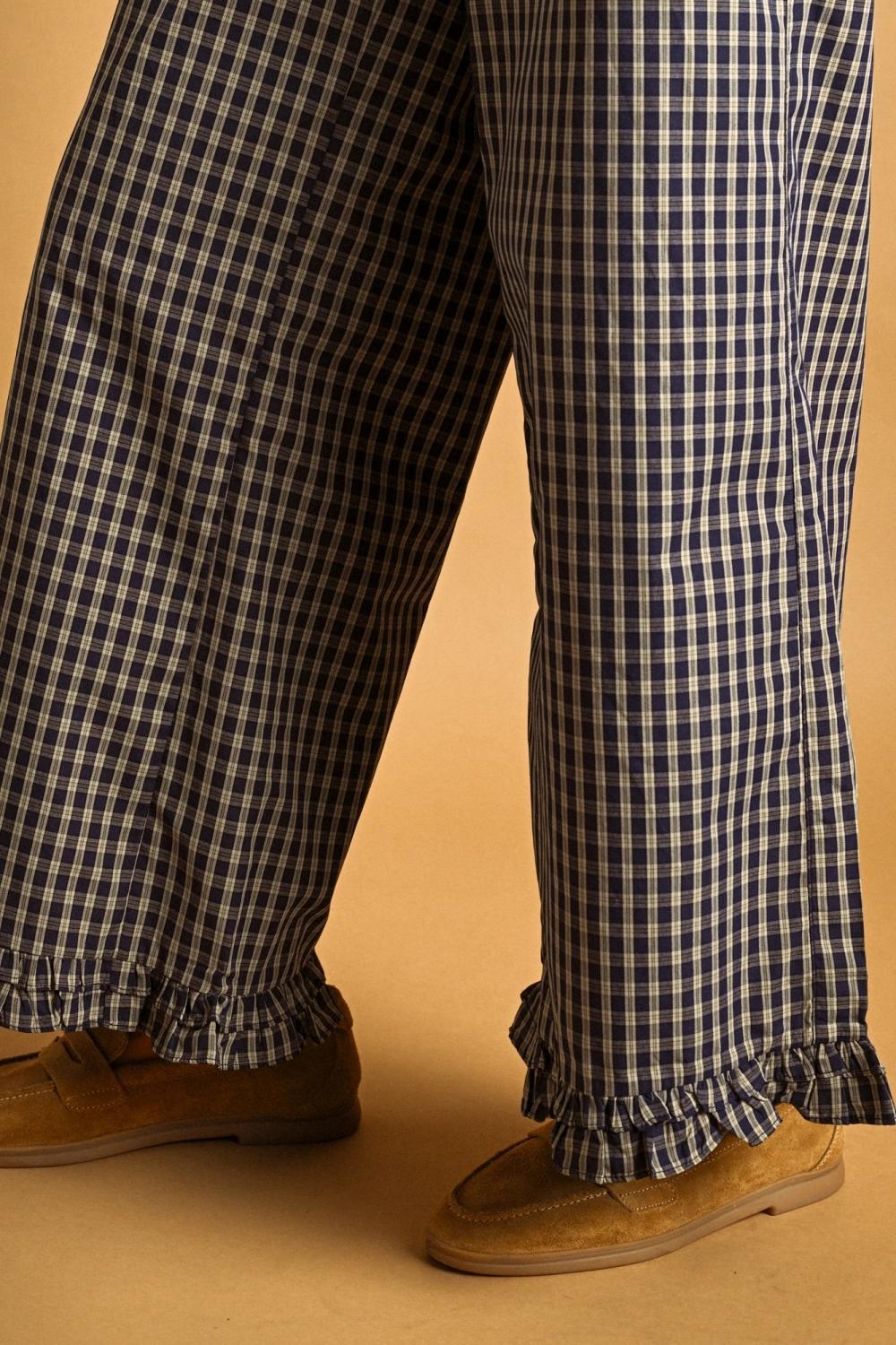 Ruffle Detail with Plaid Fabric Pants - Navy