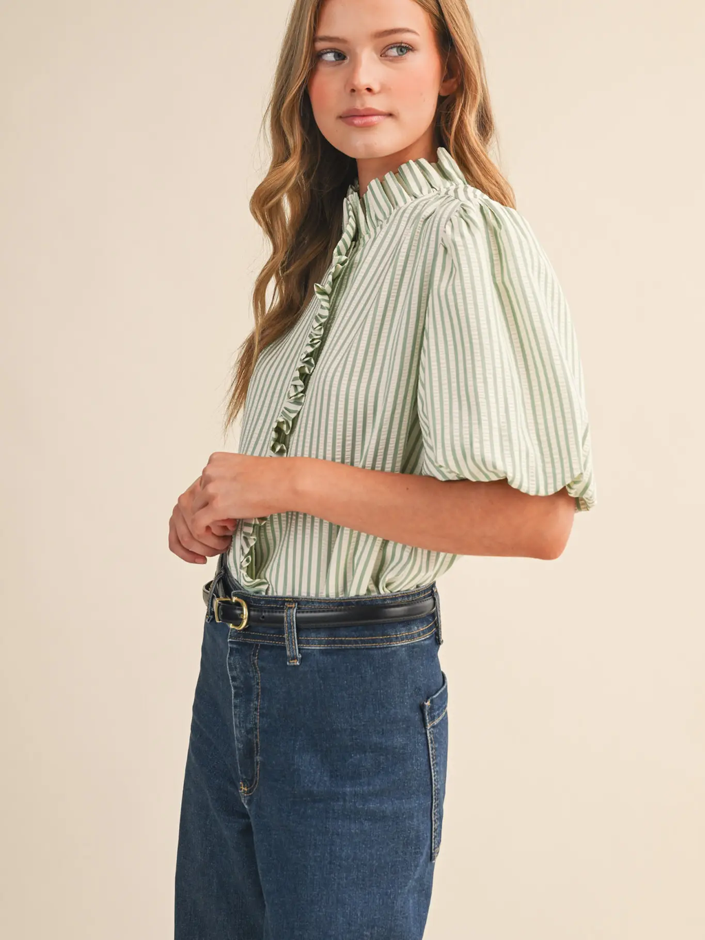 Striped Ruffled Button Down Top - SEAFOAM GREEN