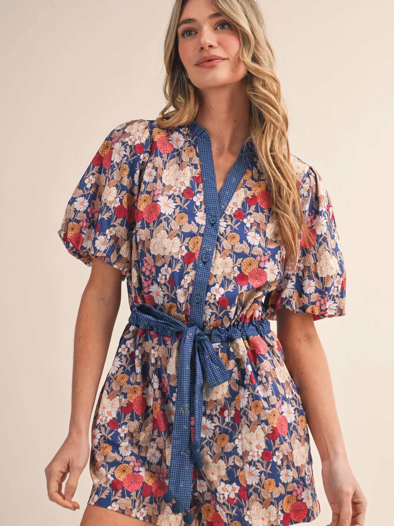 Bubble Sleeve Floral Print Romper - CREAM PINK FLORAL
