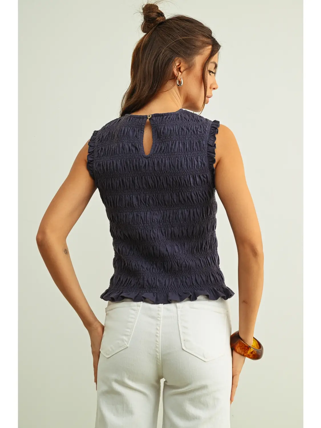 Sleeveless with All Over Smocking Top - NAVY