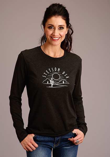 WOMENS L/S SHIRT   STETSON LADIES L/S T-SHIRT  STETSON CACTUS AND SUNSET SCREEN PRINT