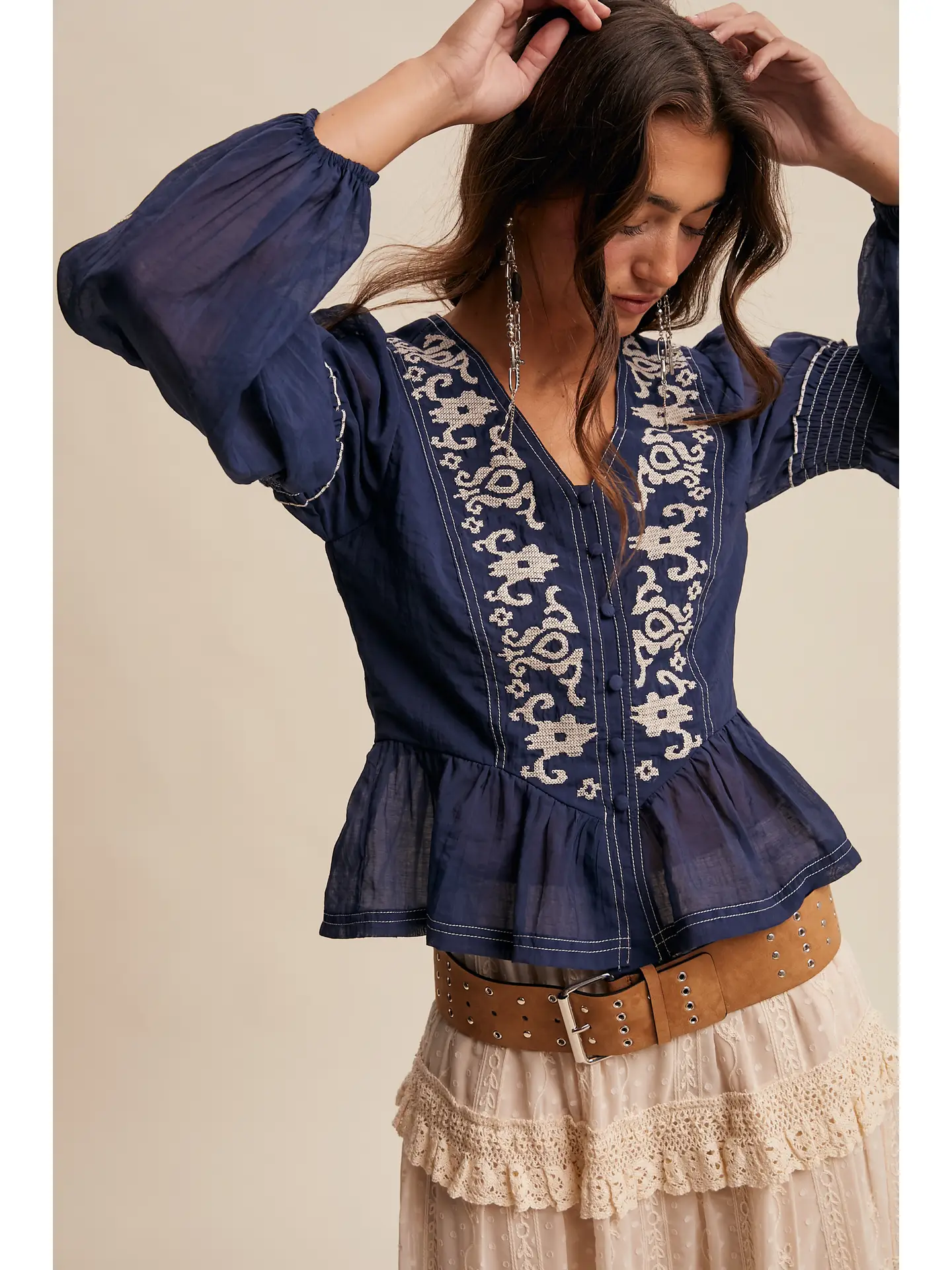 Embroidered Peplum Blouse - NAVY