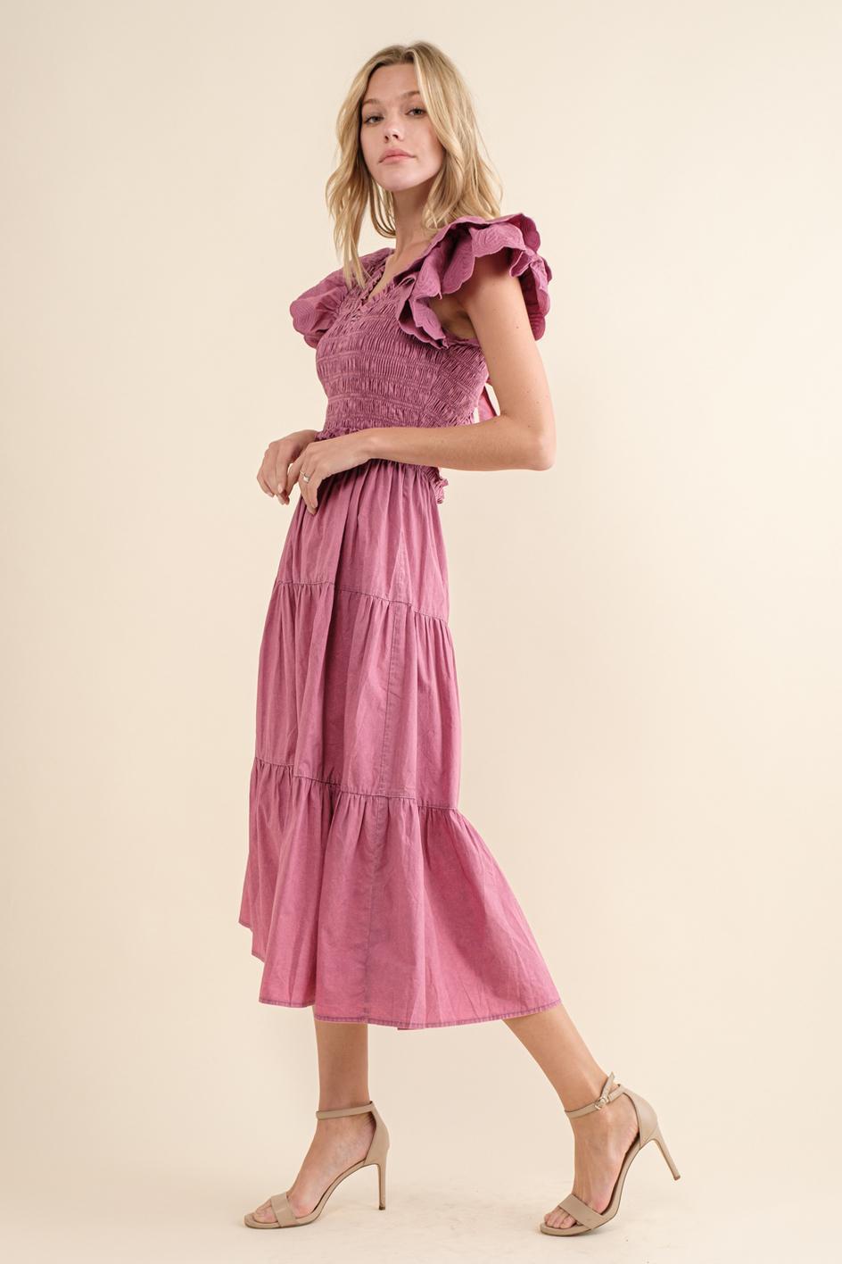 Cotton Poplin Ruffle Slv Smocked Bodice Midi Dress - Grape Nectar