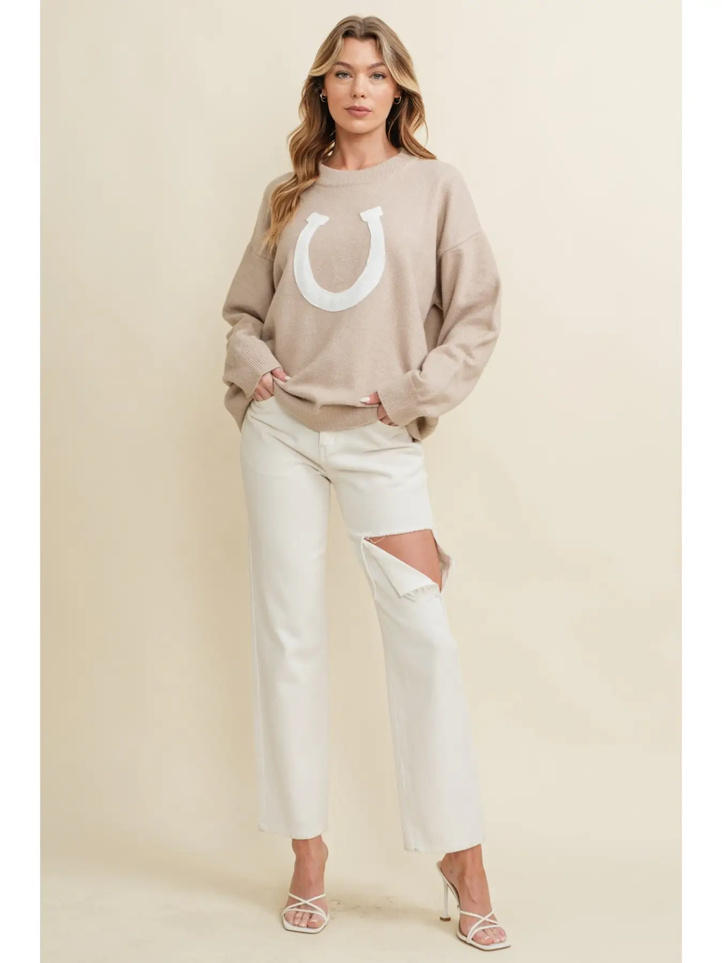 Horse Shoe Pullover Sweater - Beige