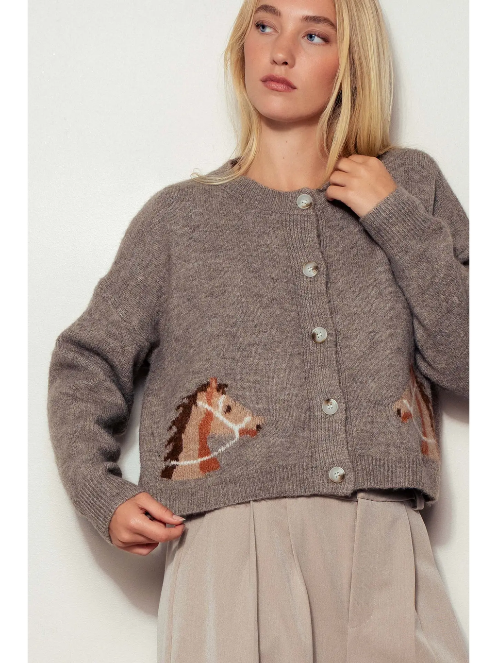 Western Horse Graphic Ribbed Trim Crew Neck Cardigan - MOCHA