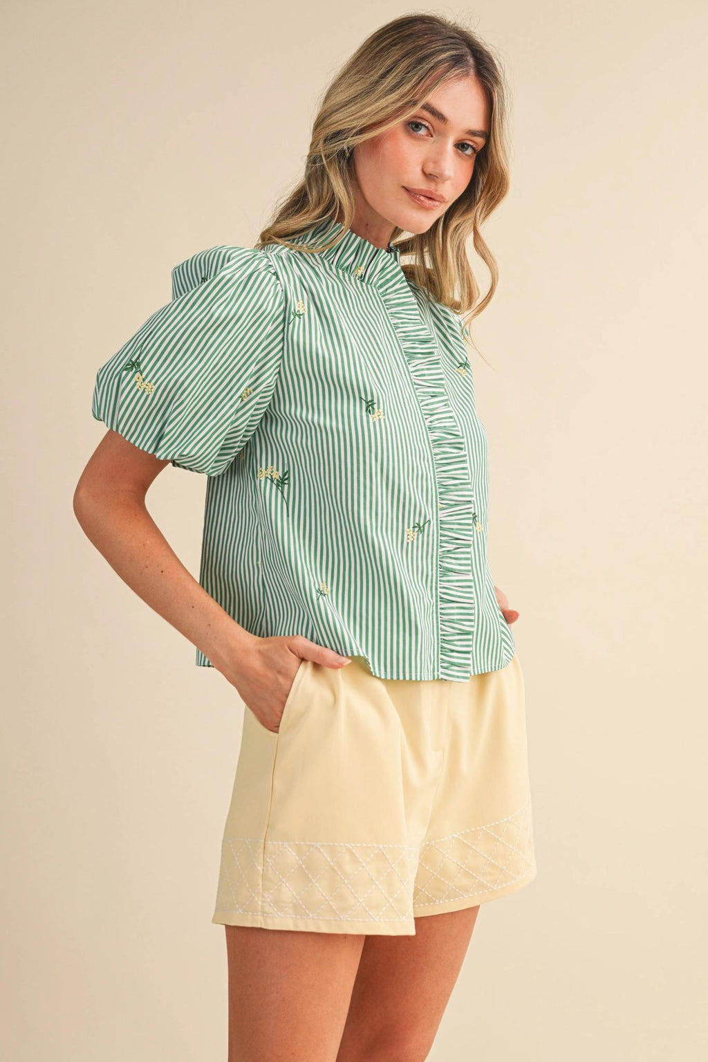 Floral Embroidery Striped Ruffled Button Down Top - Green Stripe