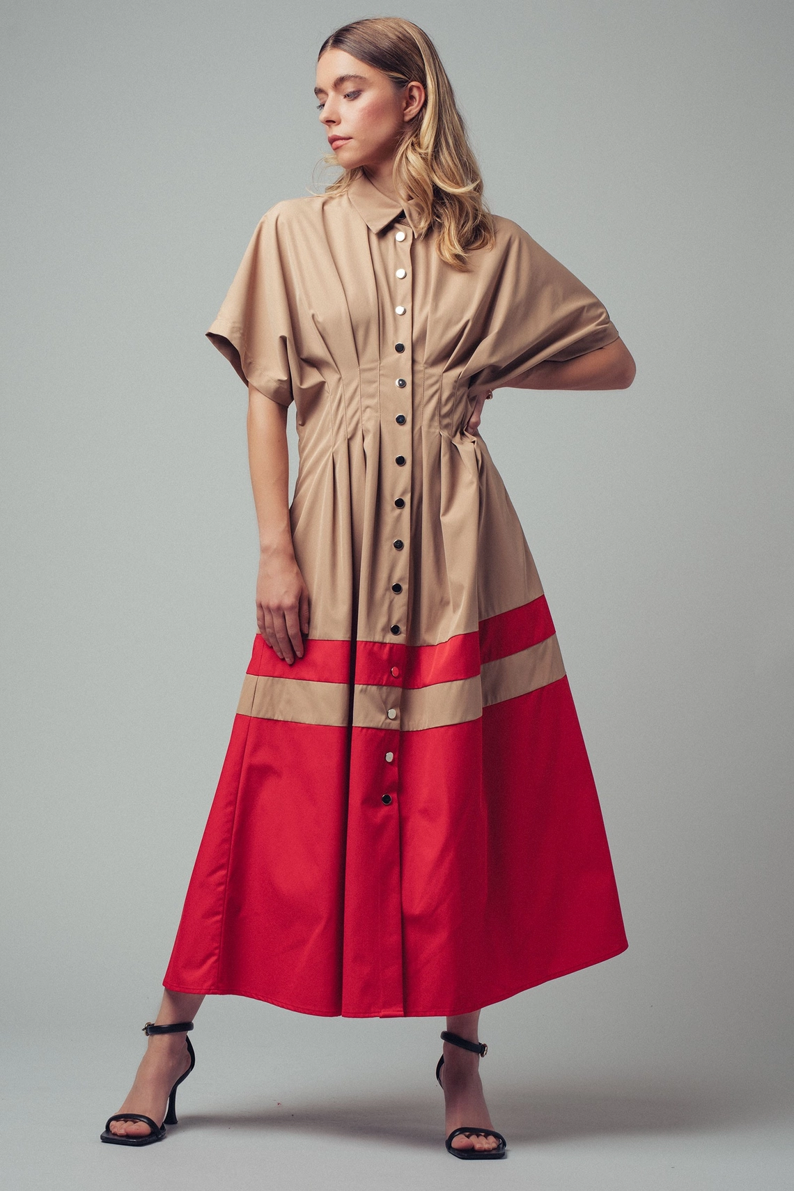 Colorblock Button-Up Cotton Midi Dress - CAMEL