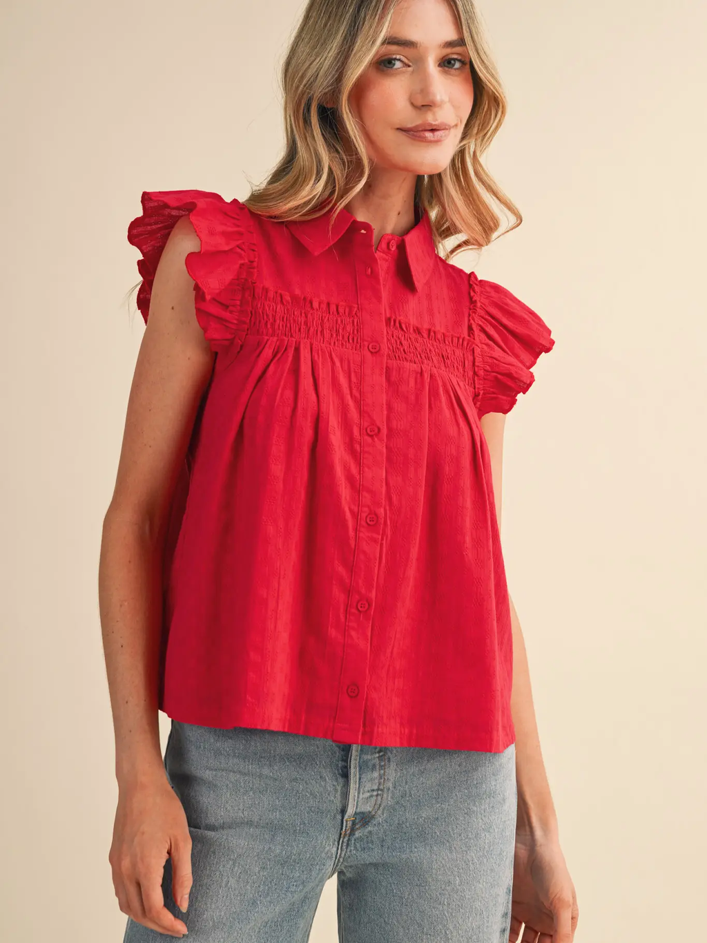 Ruffle Trim Button Down Top - RED